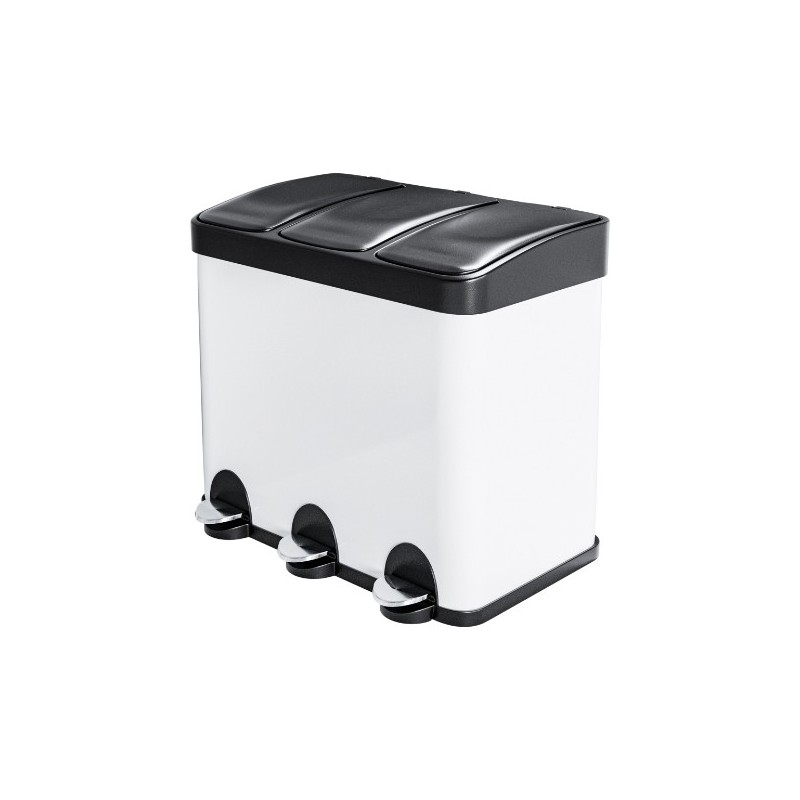 AMIG 25068  
 Cubo de reciclaje triple con pedal RECIK3  
 60 x 37 x 49 cm  
 Acero  
 Blanco