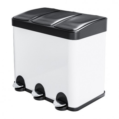 AMIG 25068  
 Cubo de reciclaje triple con pedal RECIK3  
 60 x 37 x 49 cm  
 Acero  
 Blanco