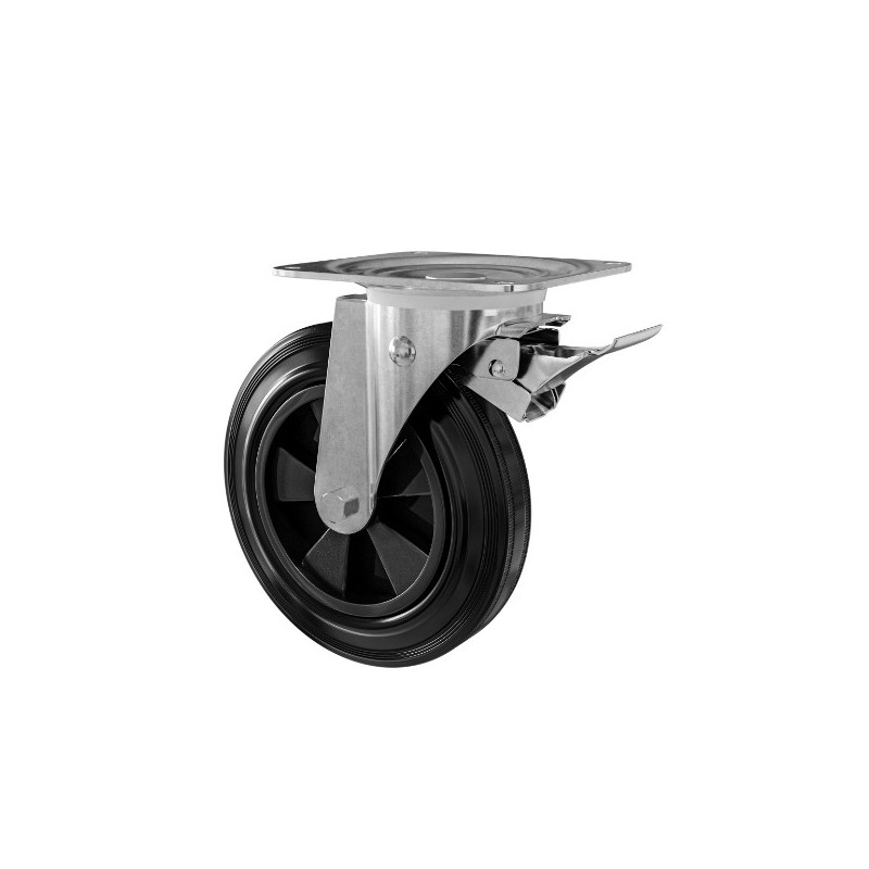 AMIG 25077  
 Rueda con pletina y freno 2750  
 200 x 50 mm  
 Goma  
 Negro