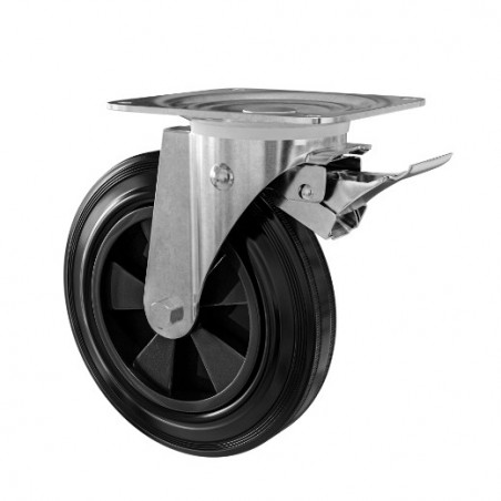 AMIG 25077  
 Rueda con pletina y freno 2750  
 200 x 50 mm  
 Goma  
 Negro