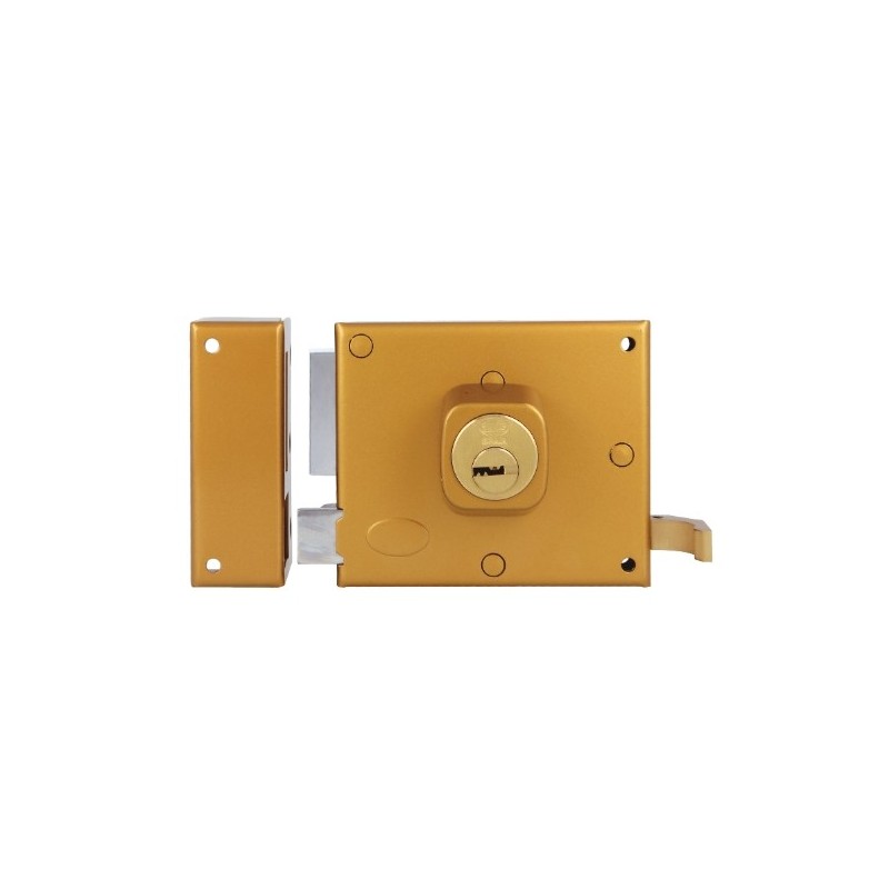 AMIG 29124  
 Cerradura sobreponer 72  
 100 x 85 mm  
 Acero  
 Esmaltado oro - Izquierda