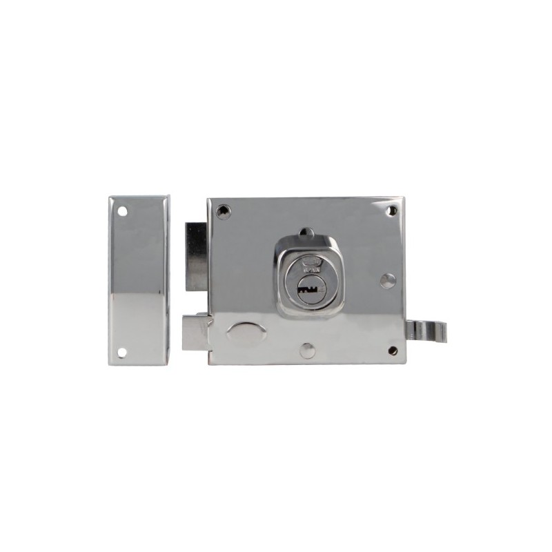 AMIG 29128  
 Cerradura sobreponer 73  
 100 x 85 mm  
 Acero  
 Cromado brillo - Izquierda