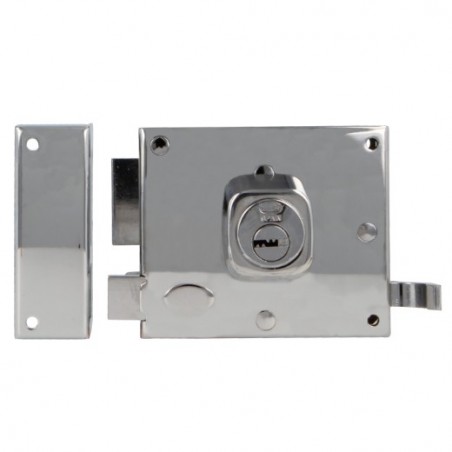 AMIG 29128  
 Cerradura sobreponer 73  
 100 x 85 mm  
 Acero  
 Cromado brillo - Izquierda
