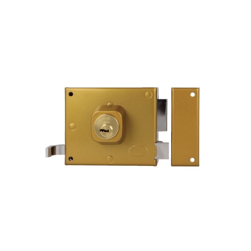 AMIG 29129  
 Cerradura sobreponer 73  
 100 x 85 mm  
 Acero  
 Esmaltado oro - Derecha