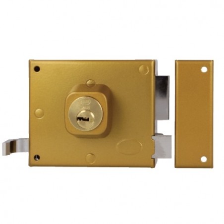 AMIG 29129  
 Cerradura sobreponer 73  
 100 x 85 mm  
 Acero  
 Esmaltado oro - Derecha