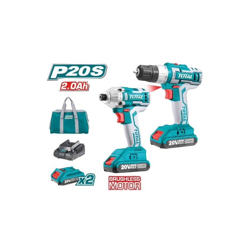 TOTAL 40024  
 Pack atornillador + atornillador impacto a batería TCKLI2006  
 20 V