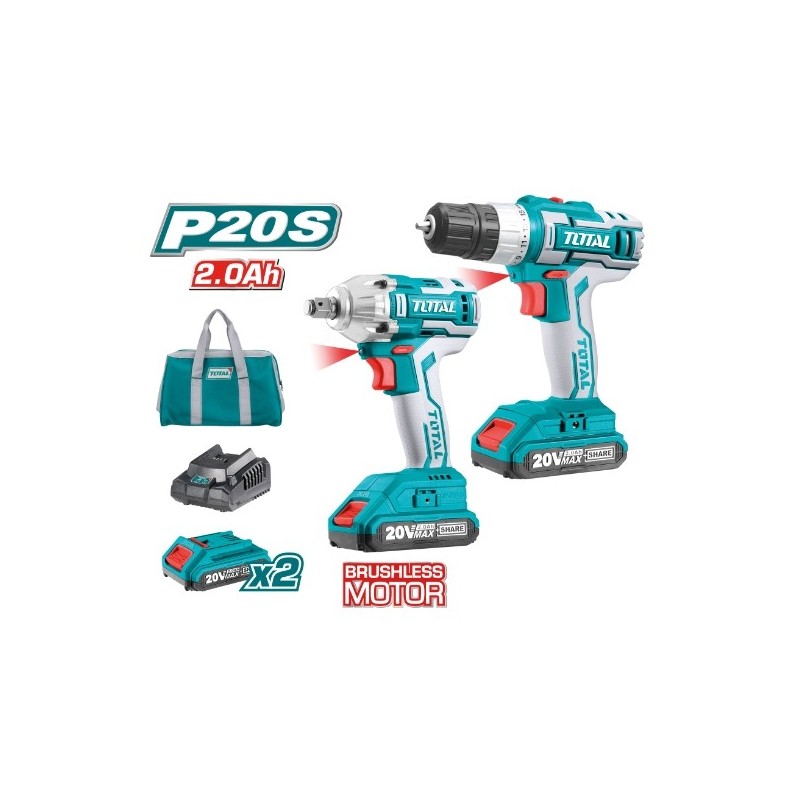TOTAL 40025  
 Pack atornillador + llave de impacto a batería TCKLI2007  
 20 V