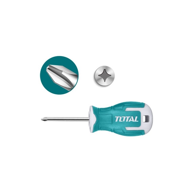 TOTAL 40329  
 Destornillador corto punta Phillips THT26PH2038  
 PH2 x 38 mm  
 Acero