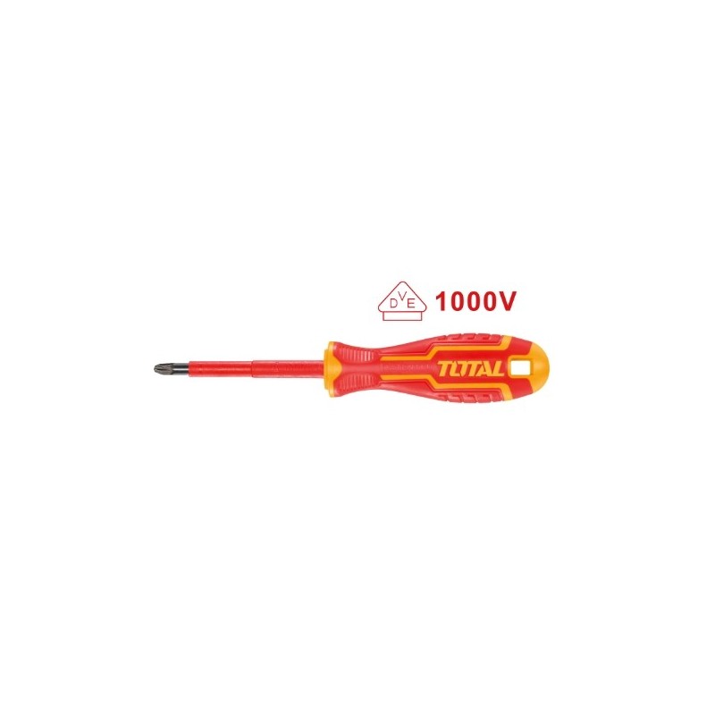 TOTAL 40347  
 Destornillador aislado Pozidrive THTISPZ  
 PZ2 x 100 mm  
 Cromo vanadio (Cr-V)