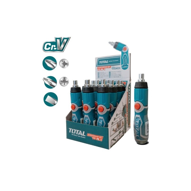 TOTAL 40356  
 Destornillador carraca articulable con 12 puntas TACSD30136  
 Cromo vanadio (Cr-V)