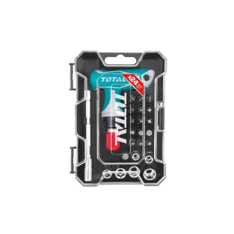 TOTAL 40357  
 Llave T con juego de puntas y vasos TACSD30186  
 24 Piezas  
 Cromo vanadio (Cr-V)