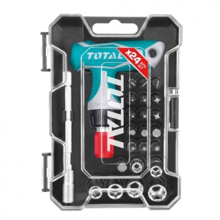 TOTAL 40357  
 Llave T con juego de puntas y vasos TACSD30186  
 24 Piezas  
 Cromo vanadio (Cr-V)