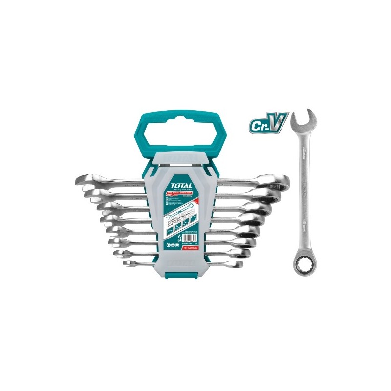 TOTAL 40472  
 Juego 8 llaves combinadas carraca THT102RK086  
 Cromo vanadio (Cr-V)