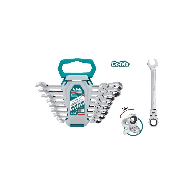TOTAL 40473  
 Juego 8 llaves combinadas carraca articulada THT102RK586  
 Cromo molibdemo (Cr-Mo)