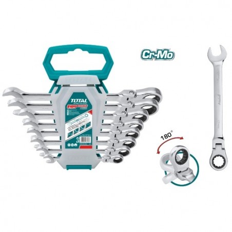 TOTAL 40473  
 Juego 8 llaves combinadas carraca articulada THT102RK586  
 Cromo molibdemo (Cr-Mo)