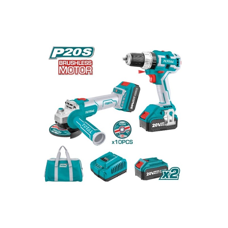 TOTAL 40887  
 Pack atornillador + amoladora a batería TCKLI6015  
 20 V