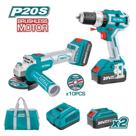 TOTAL 40887  
 Pack atornillador + amoladora a batería TCKLI6015  
 20 V