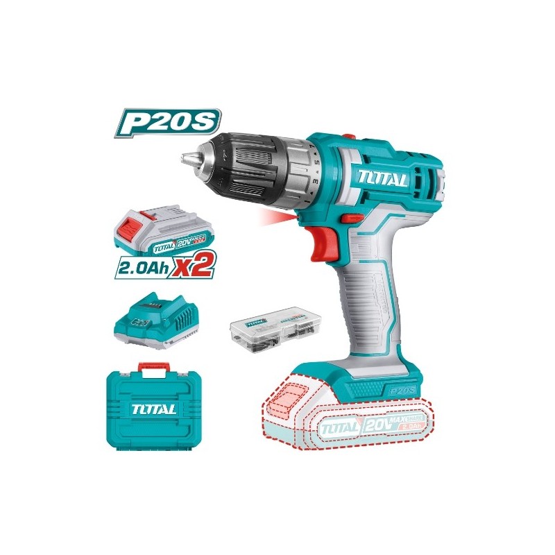 TOTAL 41212  
 Taladro atornillador a batería TDLI200528E  
 20 V