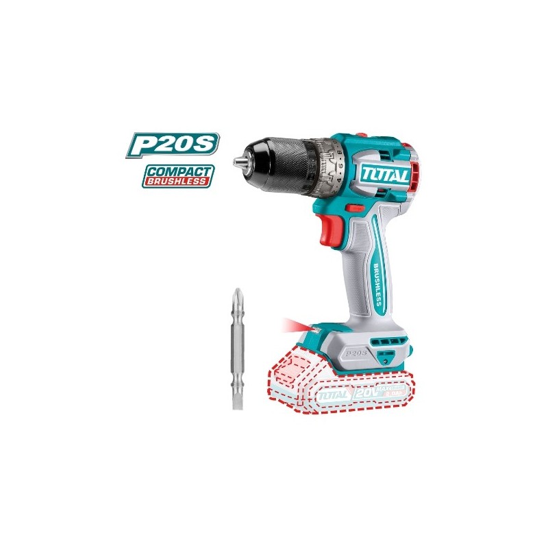 TOTAL 41237  
 Taladro atornillador brushless a batería TDLI206021  
 20 V