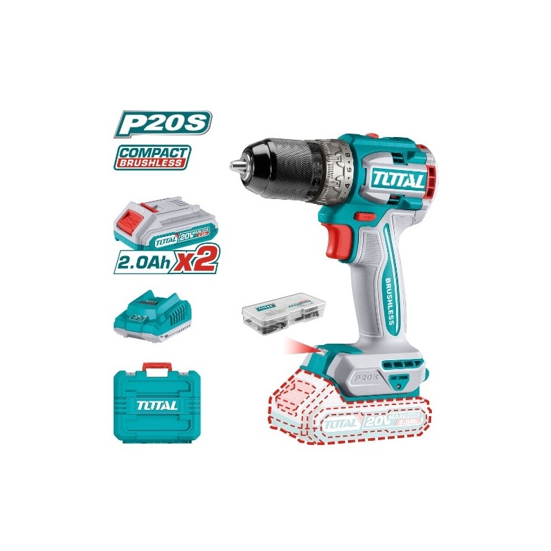 TOTAL 41238  
 Taladro atornillador brushless a batería TDLI20602  
 20 V
