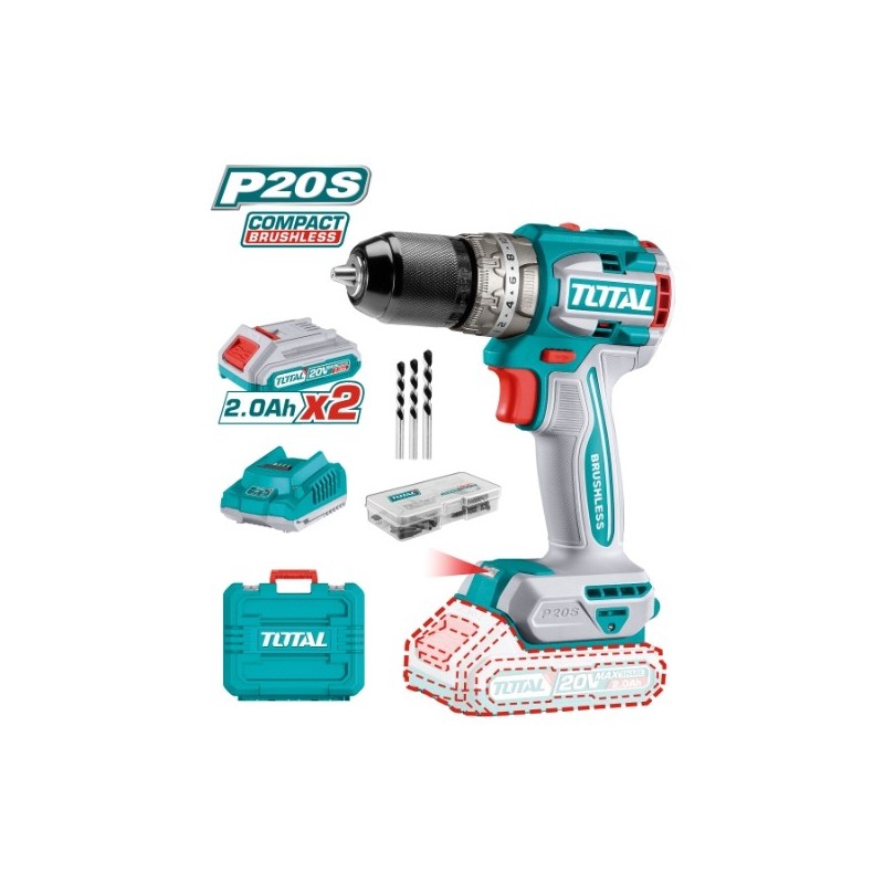TOTAL 41240  
 Taladro combinado a batería TIDLI20602  
 20 V