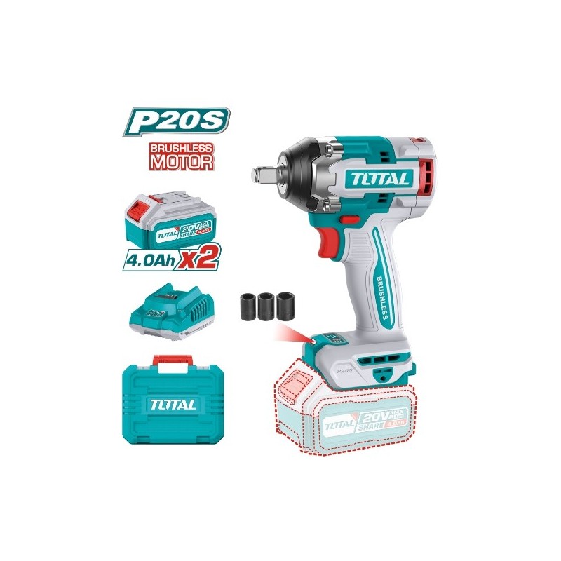 TOTAL 41241  
 Llave impacto 1/2'' Brushless a batería TIWLI2050  
 20 V