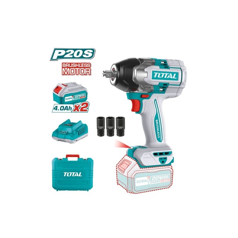 TOTAL 41242  
 Llave impacto 1/2'' Brushless a batería TIWLI2085  
 20 V