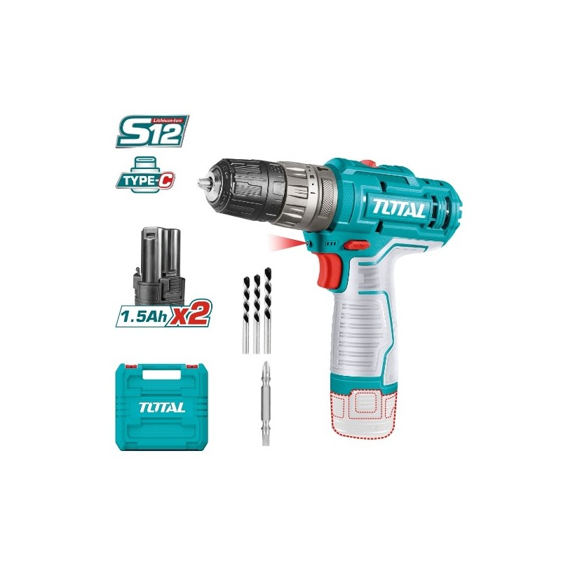 TOTAL 41255  
 Taladro combinado a batería TIDLI12202  
 12 V