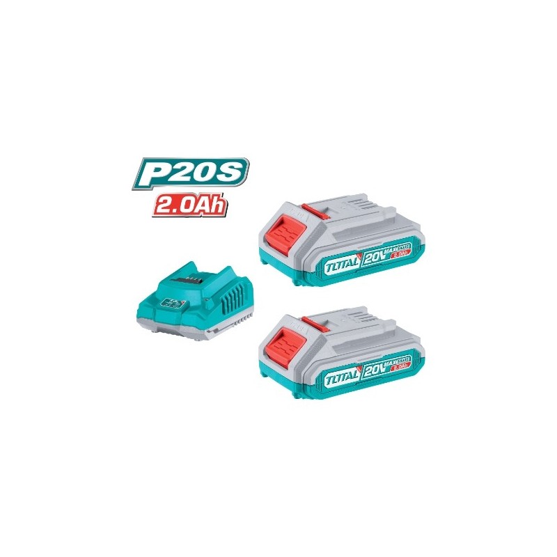 TOTAL 41321  
 Pack 2 baterías 2Ah + cargador rápido TFBCPK1222E  
 20 V - 2 Ah