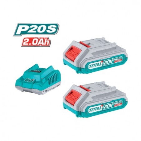 TOTAL 41321  
 Pack 2 baterías 2Ah + cargador rápido TFBCPK1222E  
 20 V - 2 Ah