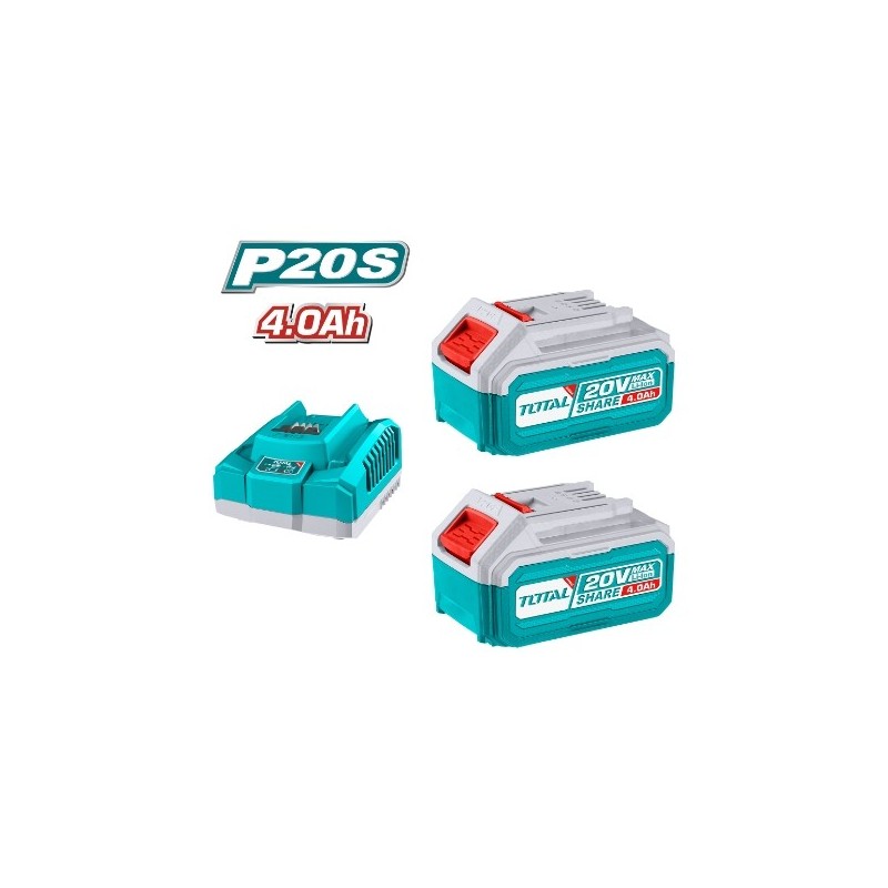 TOTAL 41323  
 Pack 2 baterías 4Ah + cargador rápido TFBCPK1424  
 20 V - 4 Ah