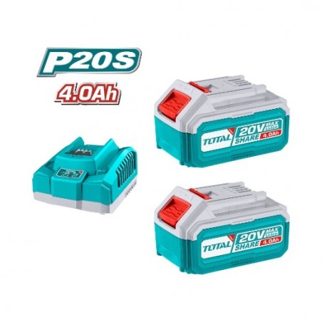 TOTAL 41323  
 Pack 2 baterías 4Ah + cargador rápido TFBCPK1424  
 20 V - 4 Ah