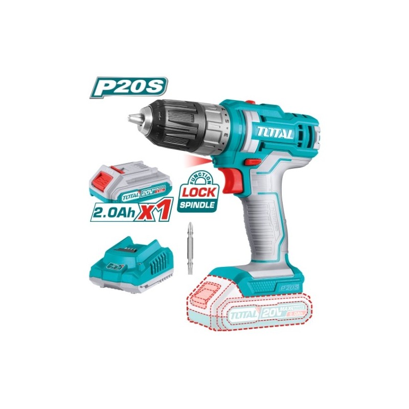 TOTAL 41555  
 Taladro atornillador a batería TDLI20051E  
 20 V