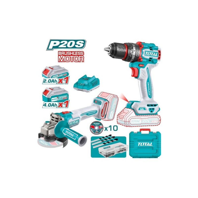 TOTAL 41572  
 Pack taladro percutor + Amoladora brushless a batería TCKLI20273E  
 20 V
