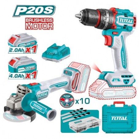 TOTAL 41572  
 Pack taladro percutor + Amoladora brushless a batería TCKLI20273E  
 20 V