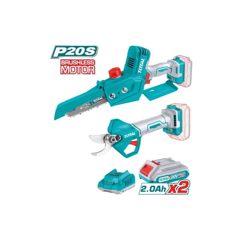 TOTAL 41573  
 Pack minisierra de poda + tijera de podar TOSLI240306E  
 20 V