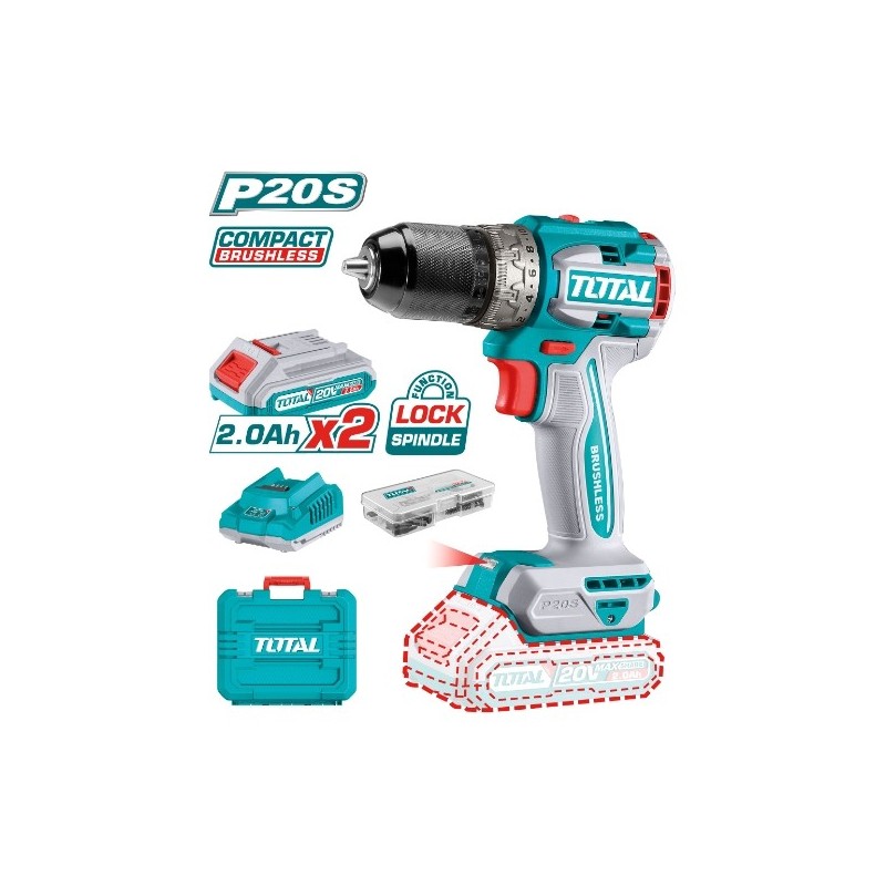 TOTAL 41753  
 Taladro atornillador brushless a batería TDLI20602E  
 20 V