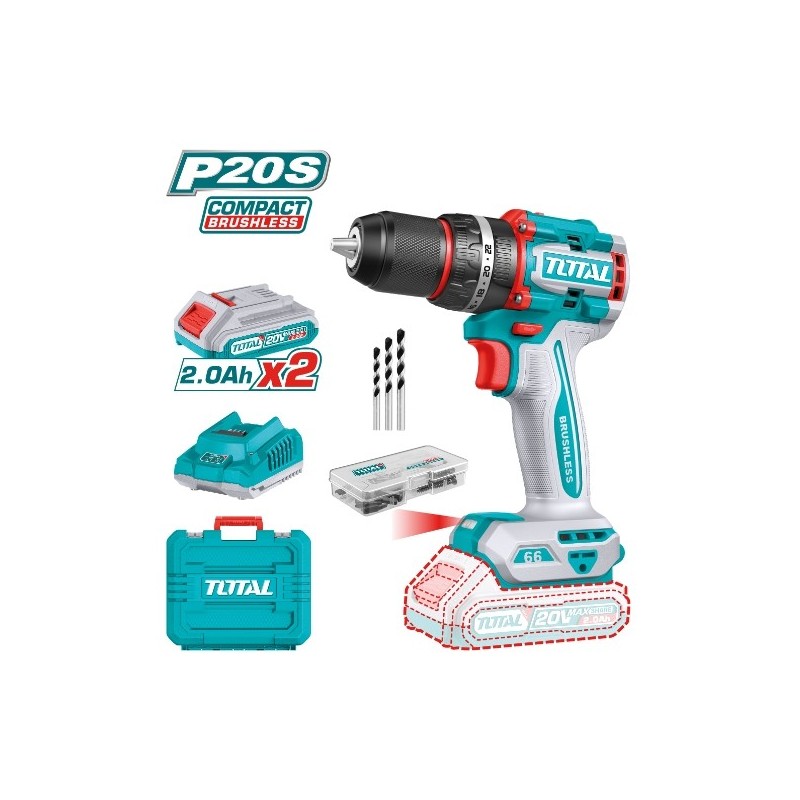 TOTAL 41754  
 Taladro percutor brushless a batería TIDLI20668E  
 20 V