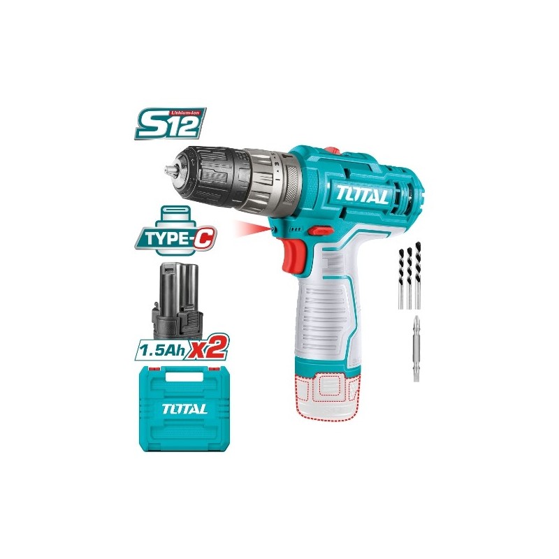 TOTAL 41755  
 Taladro combinado a batería TIDLI12202E  
 12 V