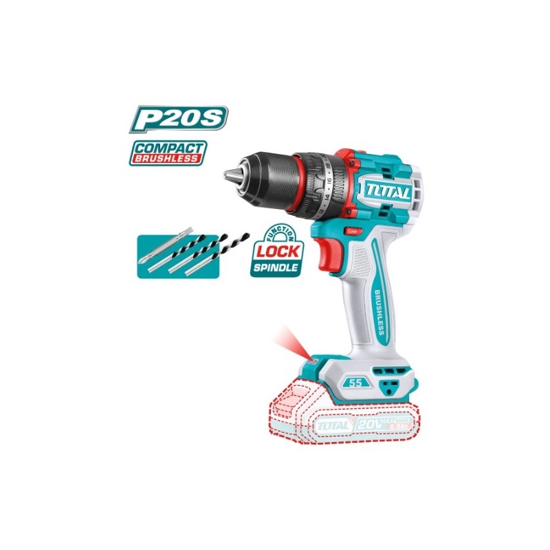 TOTAL 41824  
 Taladro percutor brushless a batería TIDLI205581  
 20 V