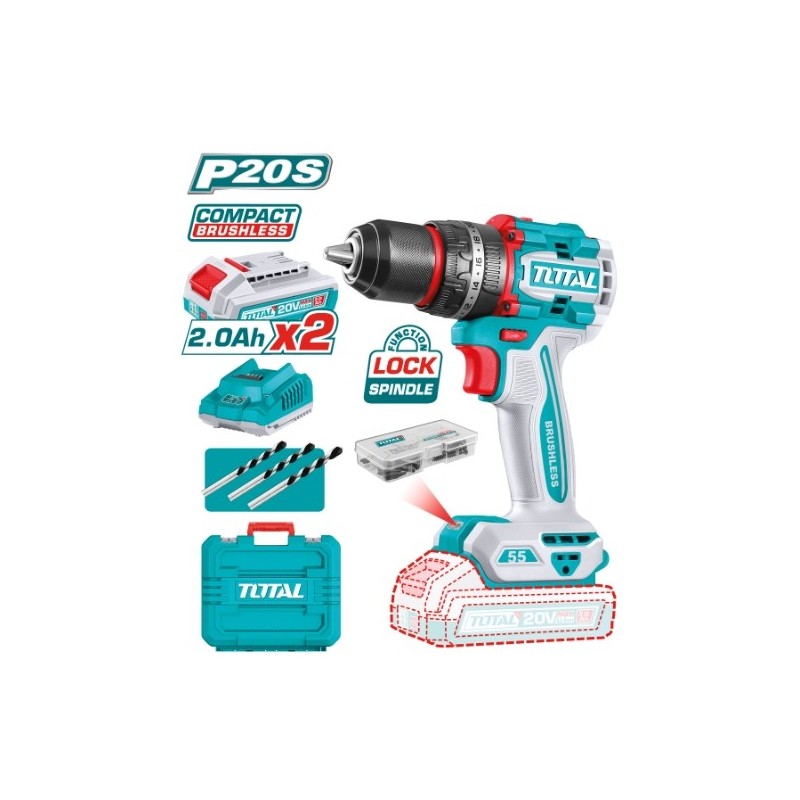 TOTAL 41825  
 Taladro percutor brushless a batería TIDLI20558  
 20 V
