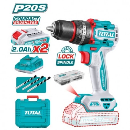 TOTAL 41825  
 Taladro percutor brushless a batería TIDLI20558  
 20 V