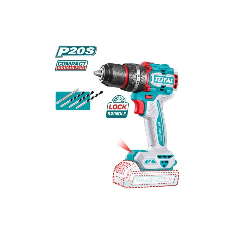TOTAL 41826  
 Taladro percutor brushless a batería TIDLI206681  
 20 V