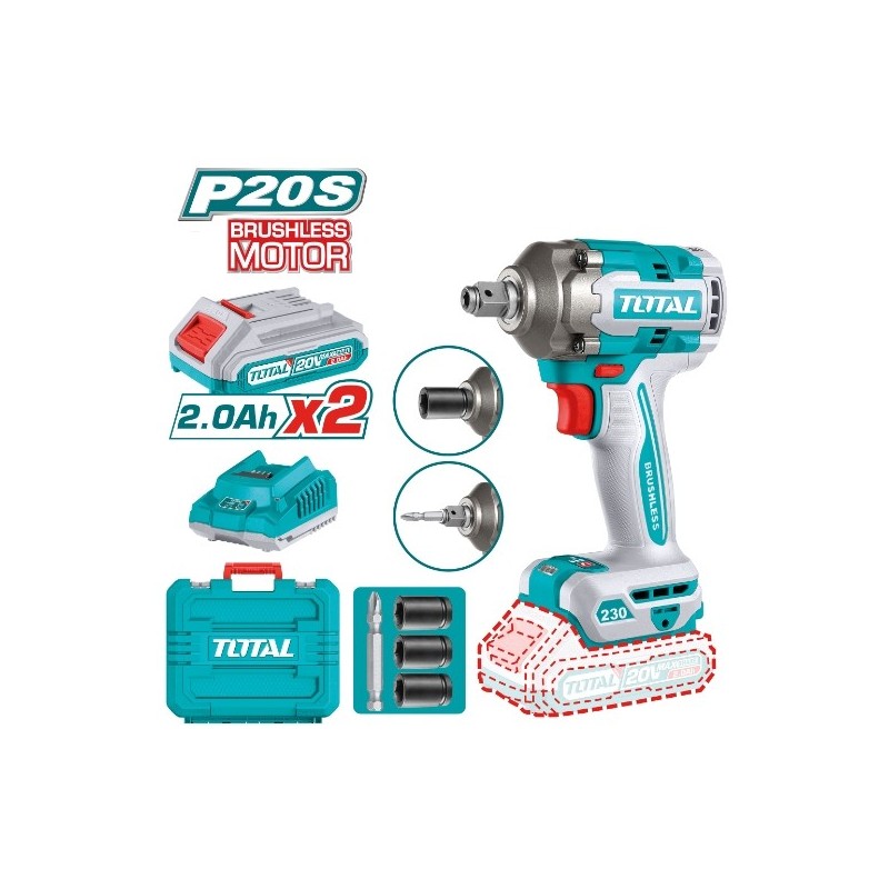 TOTAL 41827  
 Llave impacto 1/2'' Brushless a batería TIWLI20236E  
 20 V