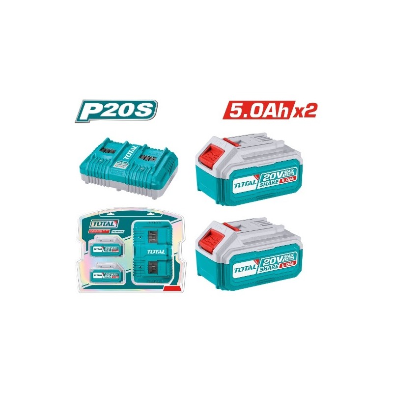 TOTAL 41831  
 Pack 2 baterías 5Ah + cargador doble TFBCPK2425E  
 20 V - 5 Ah