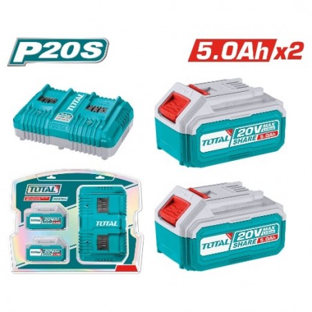 TOTAL 41831  
 Pack 2 baterías 5Ah + cargador doble TFBCPK2425E  
 20 V - 5 Ah