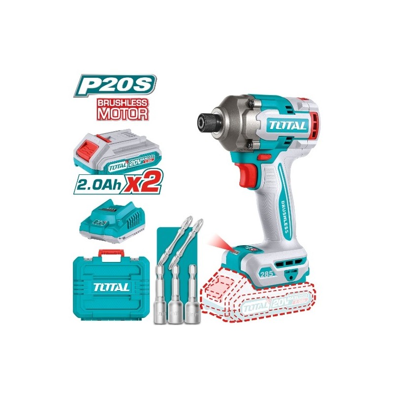 TOTAL 41838  
 Atornillador impacto 1/4'' Brushless a batería TIRLI2028  
 20 V