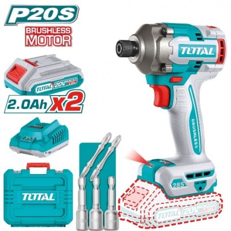 TOTAL 41838  
 Atornillador impacto 1/4'' Brushless a batería TIRLI2028  
 20 V