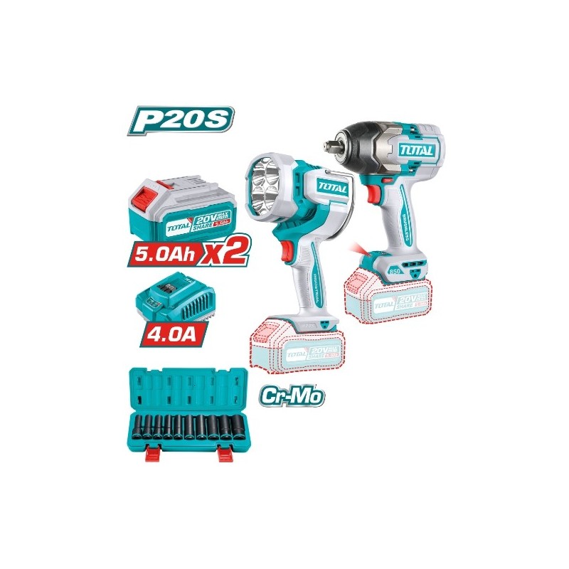 TOTAL 41848  
 Lote llave de impacto + foco a batería TOSLI241181E  
 20 V