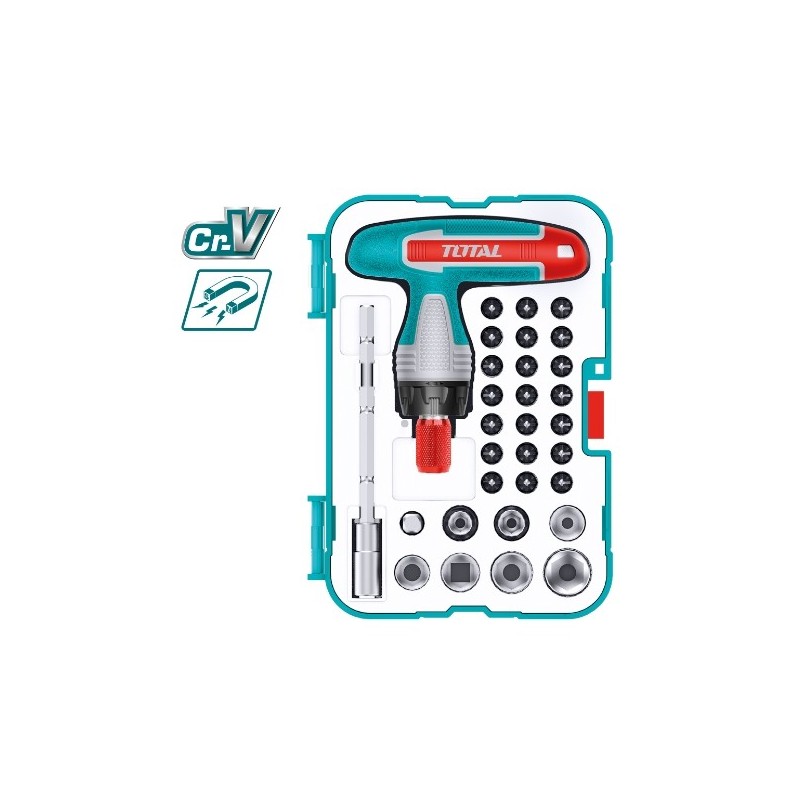 TOTAL 41853  
 Llave T con juego de puntas y vasos TACSD30316  
 31 Piezas